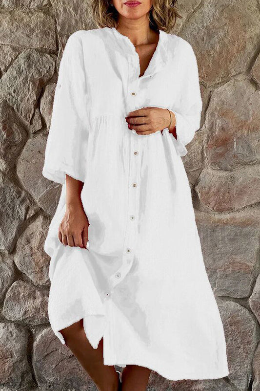 Cotton Linen Color Stand Collar Button Long Dress