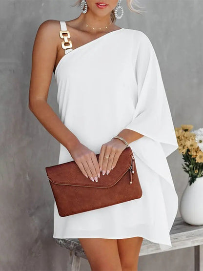 Batwing Sleeves Hollow Printed One-shoulder Mini Dresses