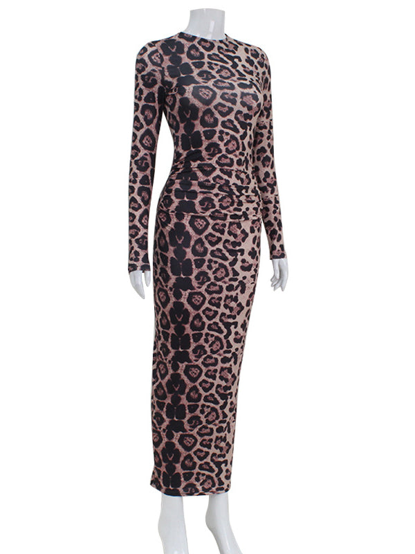 Bodycon Long Sleeves Leopard Printed Round-neck Maxi Dresses