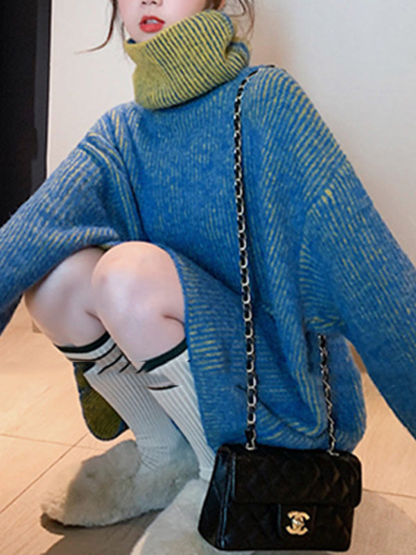 Design Loose Blue Contrast Color High-neck Long Sleeve Sweater An1054