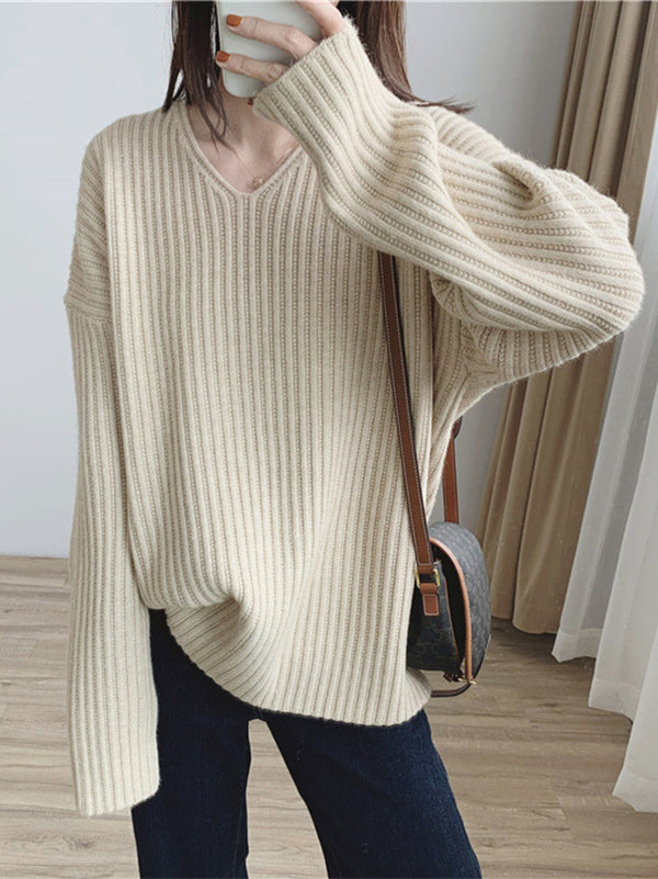 Caramel V-neck Long Sleeves Striped Knit Sweater Qx001
