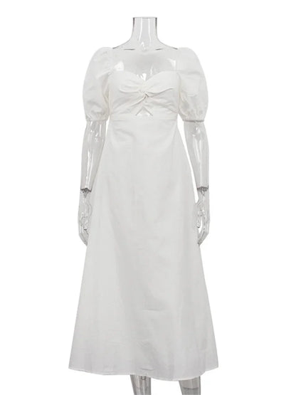 Square Neck Hollow Out White Long Dress for Twist Short Sleeve High Waist Autumn Party Dress ’s Clothes