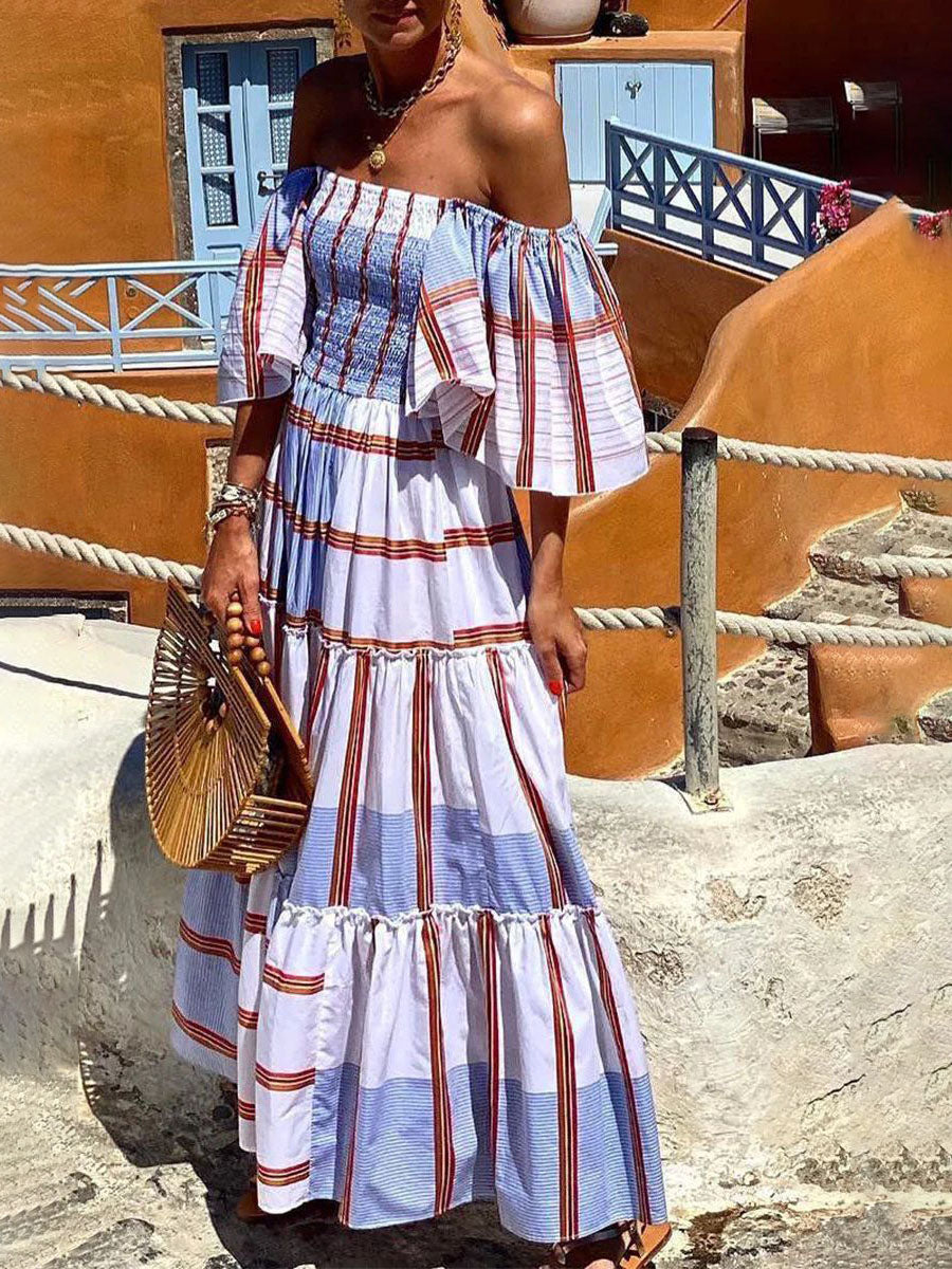 Off Shoulder Ruffle Sleeves Stripes Swing Maxi Dress