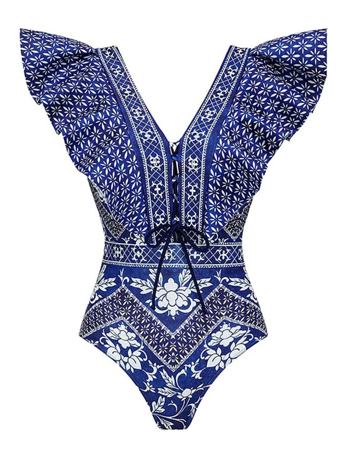 Asymmetrical Ruffle Printed One Piece Swimsuit and Skirt