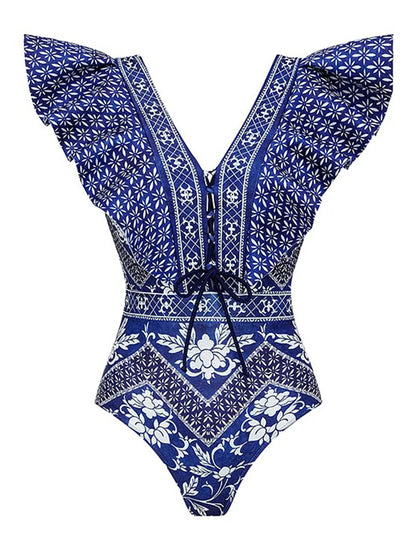 Asymmetrical Ruffle Printed One Piece Swimsuit and Skirt