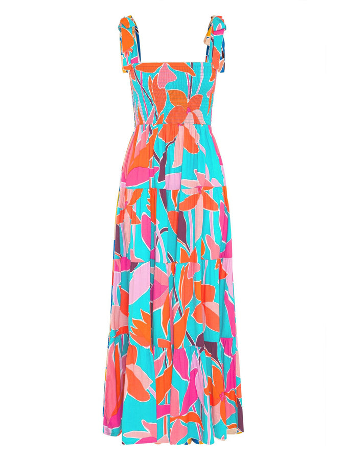 Leaves Printed Tie-shoulder Sleeveless Holiday Maxi Dress
