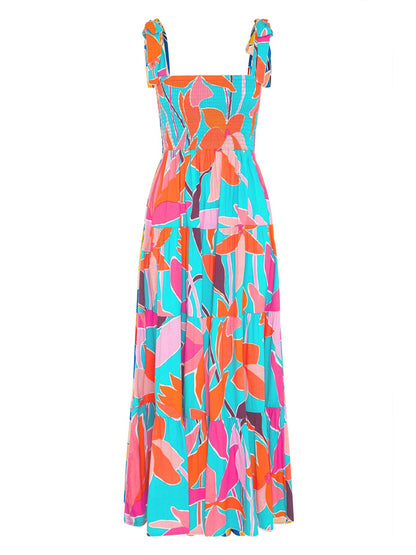 Leaves Printed Tie-shoulder Sleeveless Holiday Maxi Dress