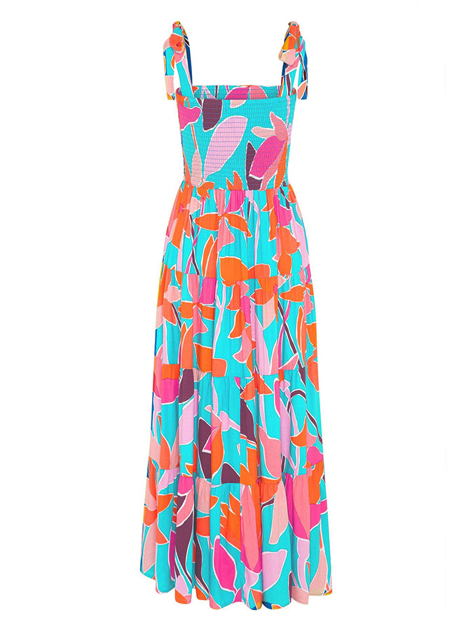 Leaves Printed Tie-shoulder Sleeveless Holiday Maxi Dress