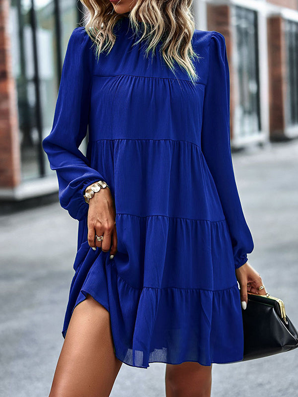 A-line Bishop Sleeve Elasticity Pleated Color Split-joint Tied Mock Neck Mini Dresses