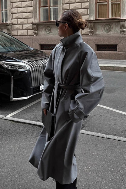 Lazy- European Color Stand Collar Belted Long Overcoat