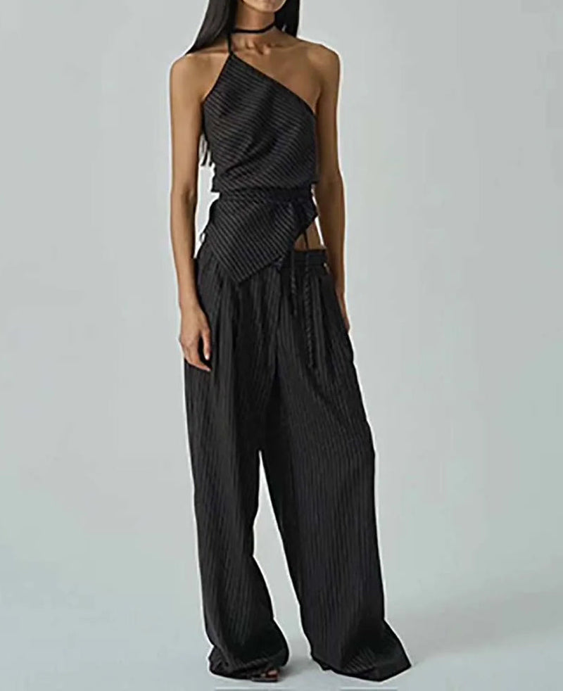 Apricot Print Halter Lace-up Pants Office Two Piece Set