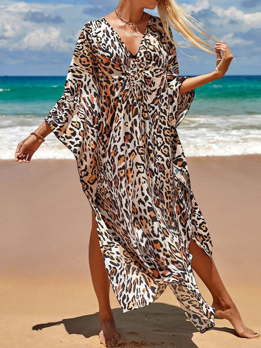 Batwing Sleeves Loose Leopard Split-joint Split-side Sun Protection V-neck Beach Cover-up Maxi Dresses