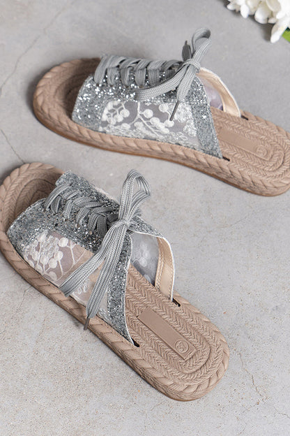 Sequined Mesh Embroidered Strappy Flat Slippers