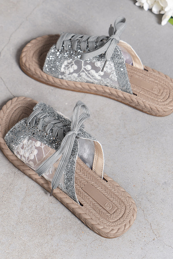 Sequined Mesh Embroidered Strappy Flat Slippers