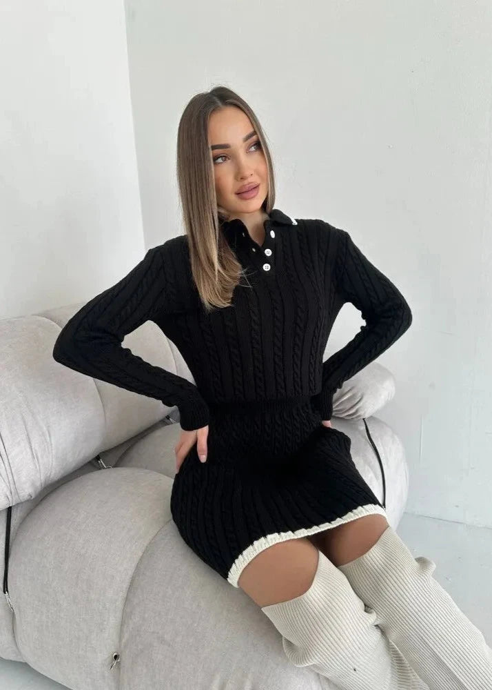 Cable-knit Buttoned Sweater Dress Set