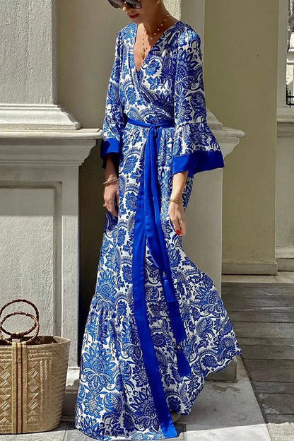 Greek Island Satin Unique Print Tassel Belted Wrap Maxi Dress