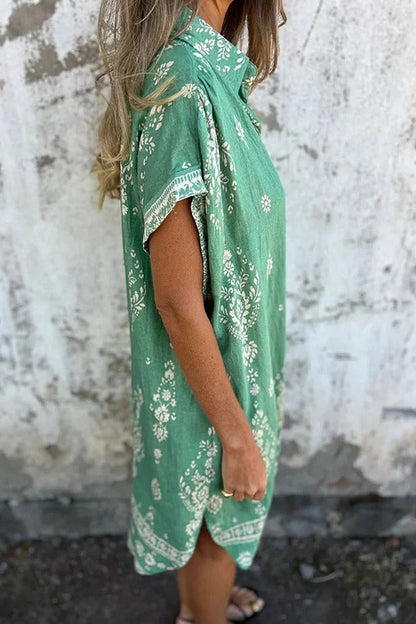 Linen Blend Unique Print Lapel Pocket Mini Dress