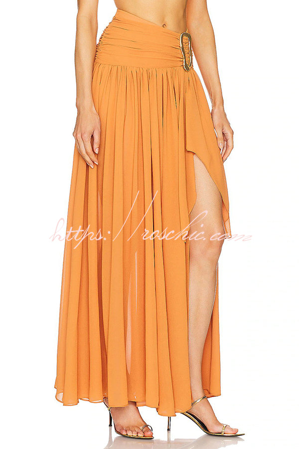Vacation Chiffon High Rise Flowy Asymmetrical Drape Maxi Skirt