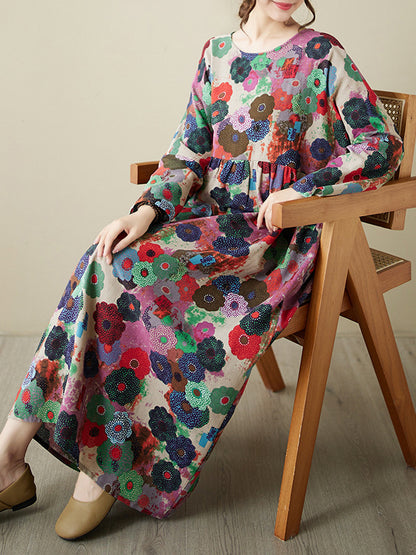 Long Sleeves Loose Flower Print Pockets Split-joint Round-neck Midi Dresses