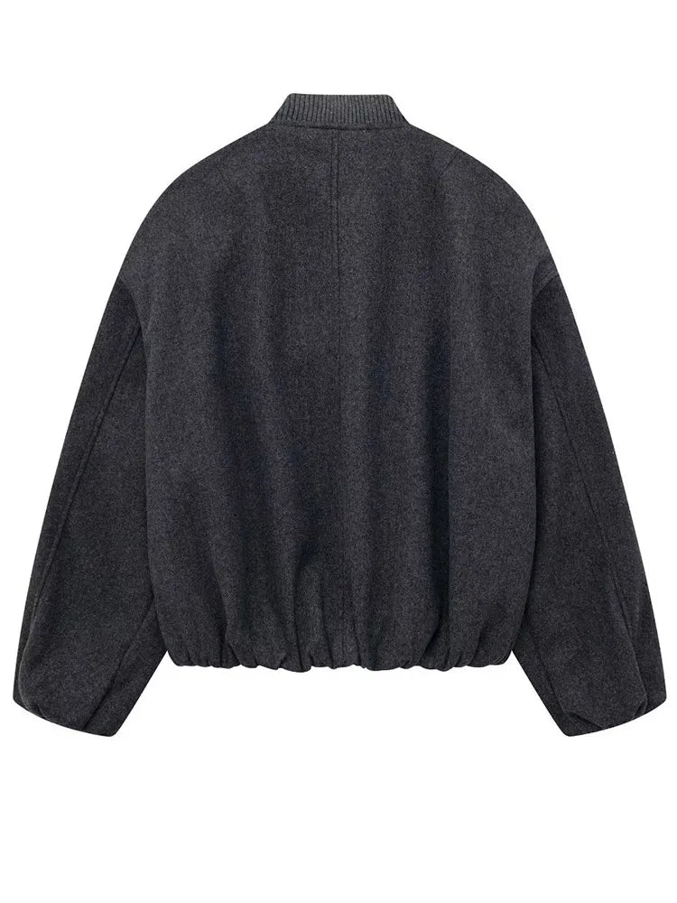 Soild Bomber Jacket for Autumn Long Sleeve Zipper Pocket Coats Female Stand Collar Street Lady Outerwear