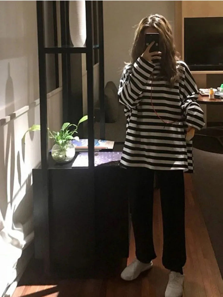 Spring Autumn Harajuku Striped Tshirt Long Sleeve O-neck T-shirts Ulzzang Korean T Shirt Femme Black Tops