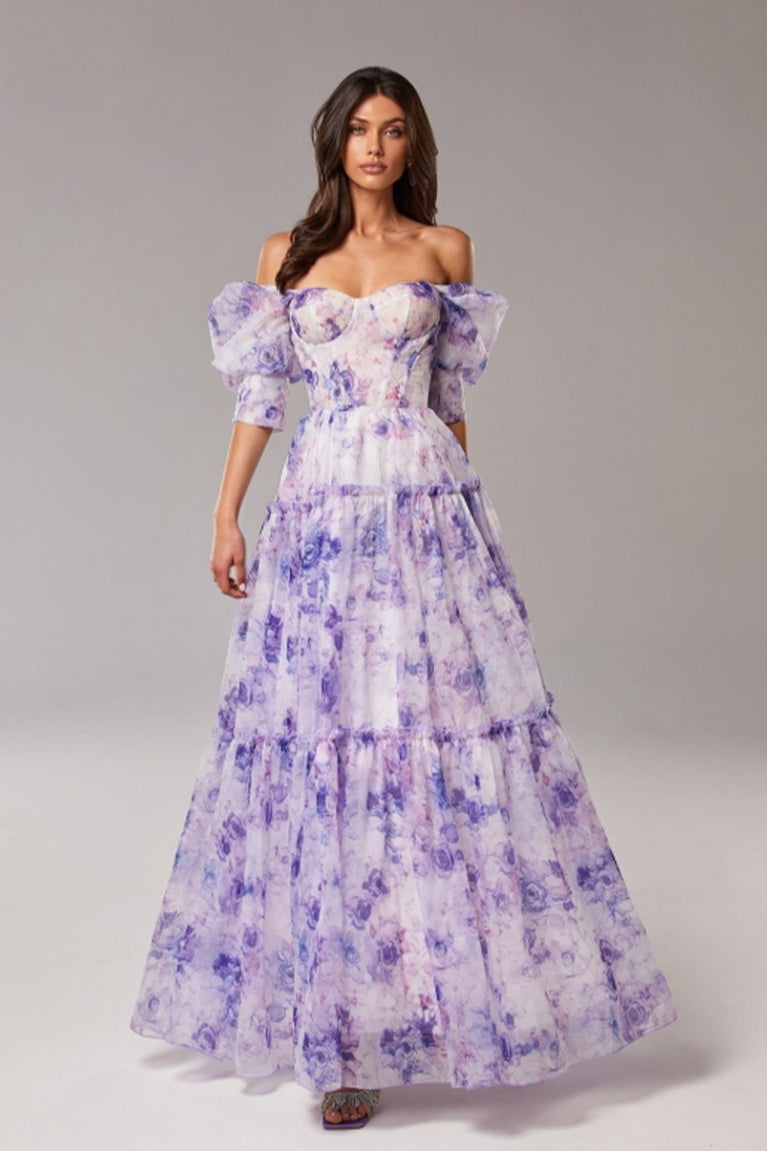 Print Off Shoulder Puff Sleeve Organza Maxi Dress