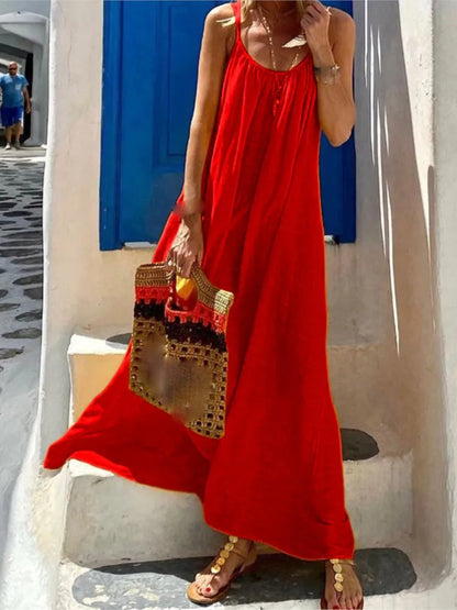 Color Spaghetti Strap Dresses Loose Backless Beach Vacation Long Dress Female Vestidos