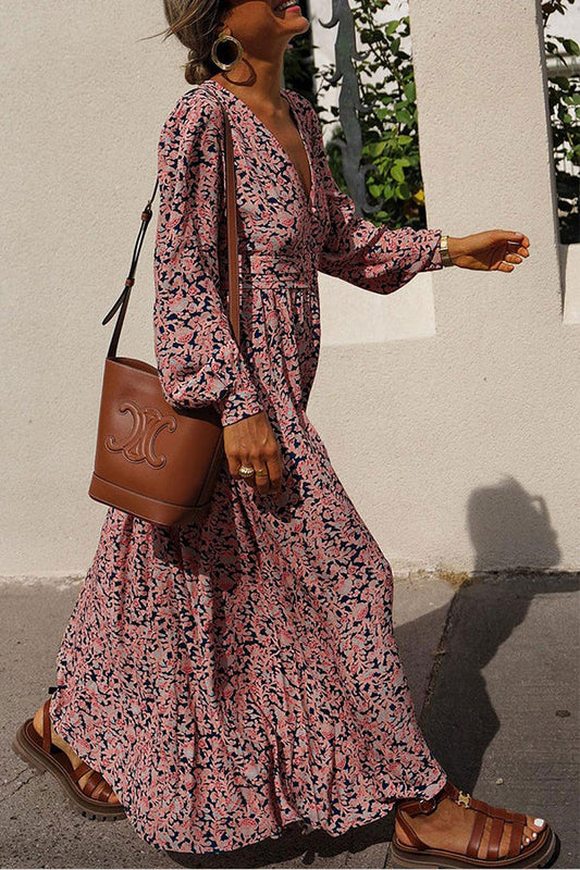 Multicolor Print Buttoned Plunge Neckline Maxi Dress