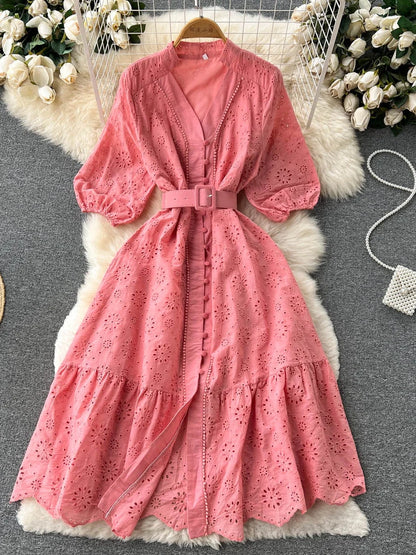 Summer V-neck Hollow Out Dress Bubble Sleeves Loose Embroidered Ruffle Edge Long Dresses Long Robe