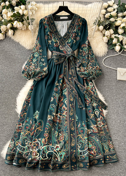 Retro Blackish Green Print Tie Waist Cotton Long Dress Fall