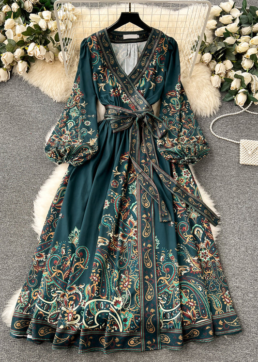 Retro Blackish Green Print Tie Waist Cotton Long Dress Fall