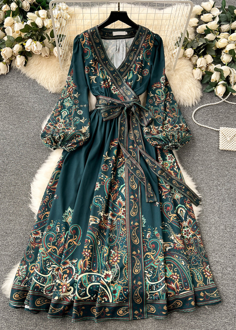 Retro Blackish Green Print Tie Waist Cotton Long Dress Fall