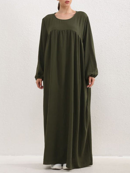 Long Sleeves Loose Pleated Color Split-joint Round-neck Maxi Dresses