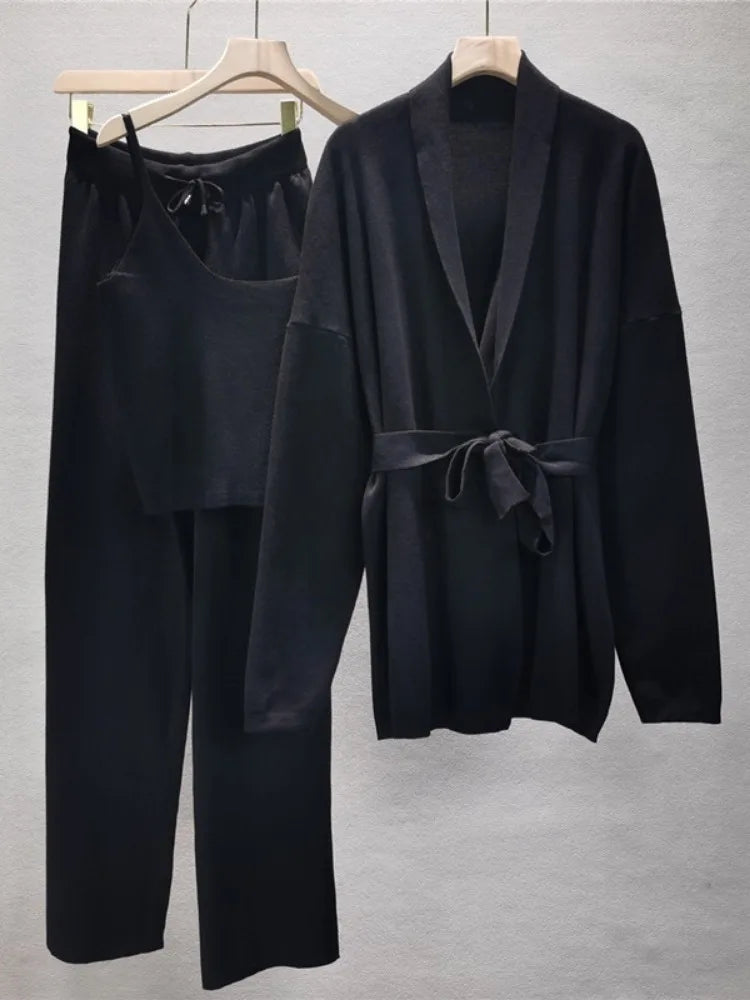 Autumn Knit 3 Piece-set for Outfits Lace-up Vest Outwear Wide Leg Trousers Outfits Pleated Sets