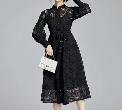 Apricot Cashew Flower Lace Embroidery Single Breasted Lantern Sleeve Midi Dress