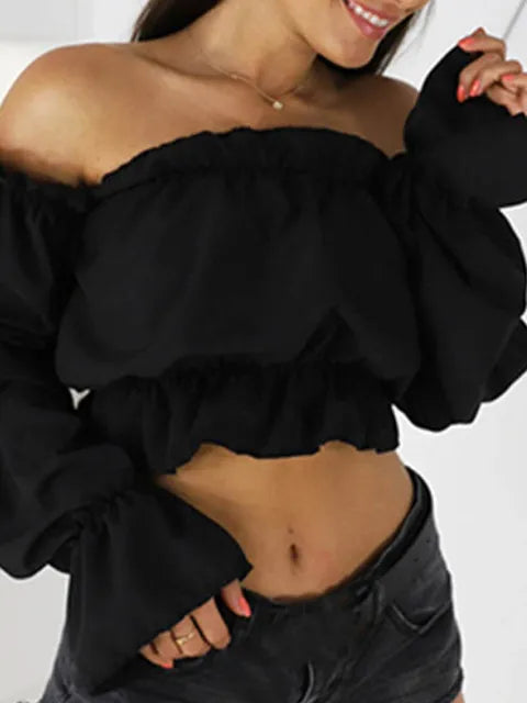 Candy Color Off Shoulder Crop Tops Summer Dot Print Lantern Sleeve Shirts Lady Slash Neck Beach Blouse