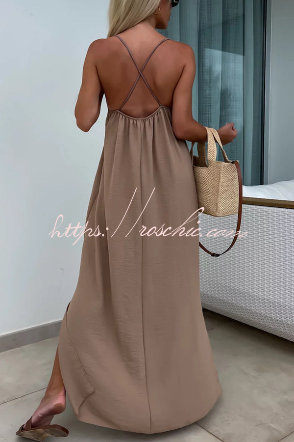 Color Resort Style Spaghetti Strap Backless Maxi Dress
