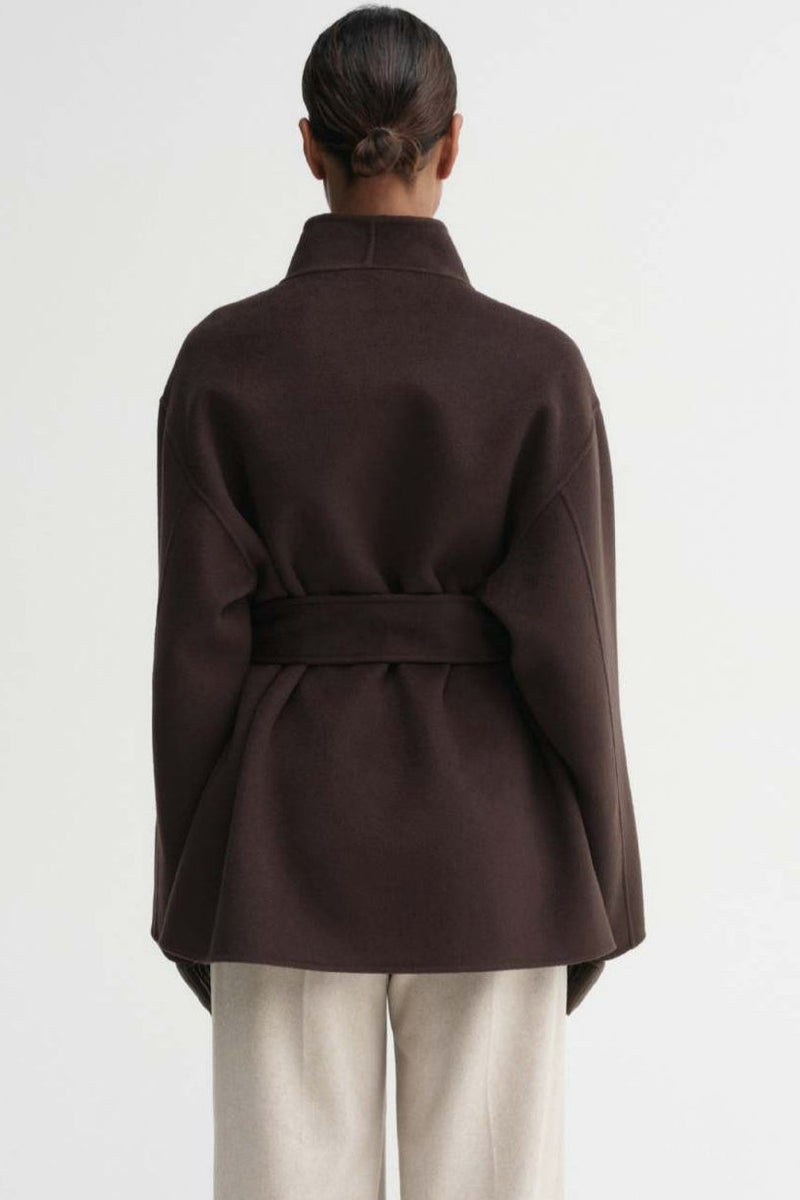 Dark Brown Short Loose Tie Waist Wool Coat