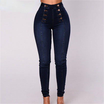 Skinny Double-breasted High Waist Pencil Jeans Slim Fit Stretch Denim Pants Full Length Denim Tight