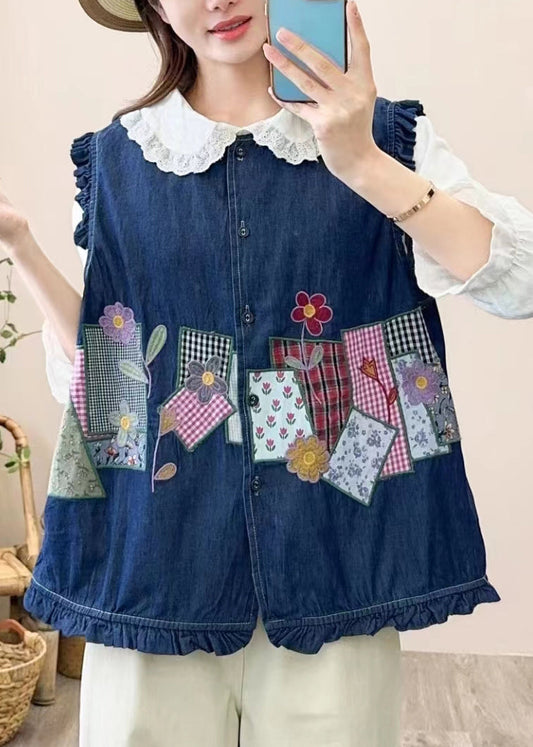 Navy Embroidered Patchwork Button Waistcoat Sleeveless Nn038