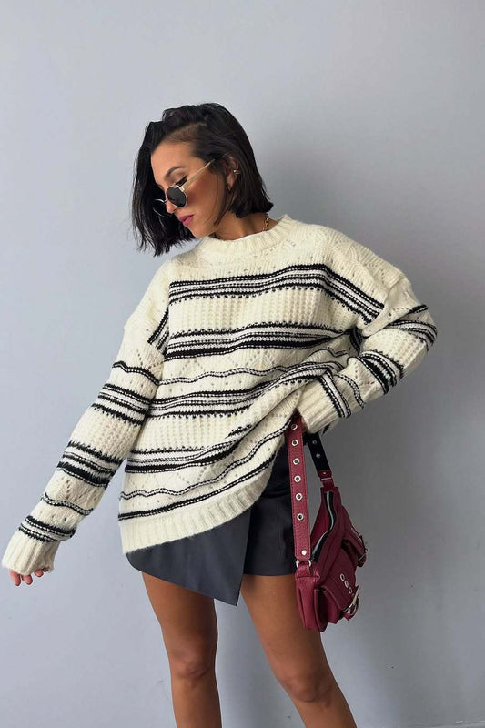 Thick Striped Knit Crew Neck Sweater