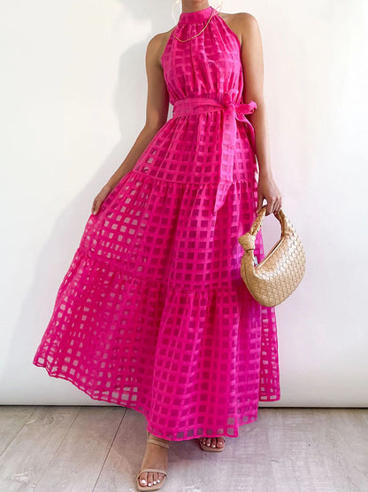 Loose Sleeveless Plaid Ribbed Stand Collar Maxi Dresses