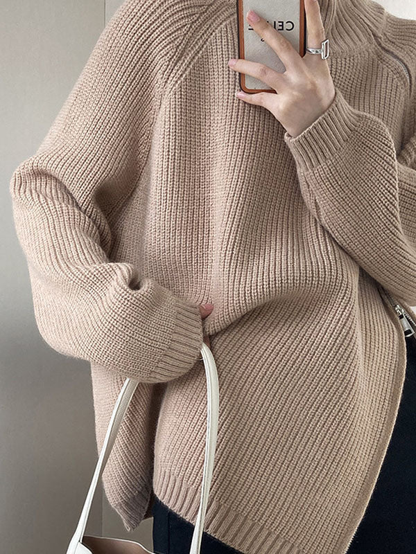 Urban Grey Halter-neck Split-side Zip-up Long Sleeve Sweater An1033