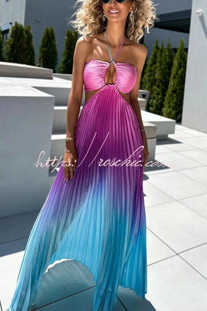 Get Ready Gradient Print Cutout Halterneck Pleated Maxi Dress