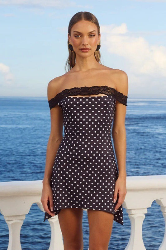 Off-shoulder Lace Trim Polka Dot Bodycon Mini Dress