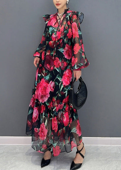 Red Tie Lace Print Chiffon Maxi Dresses Fall Ao1044