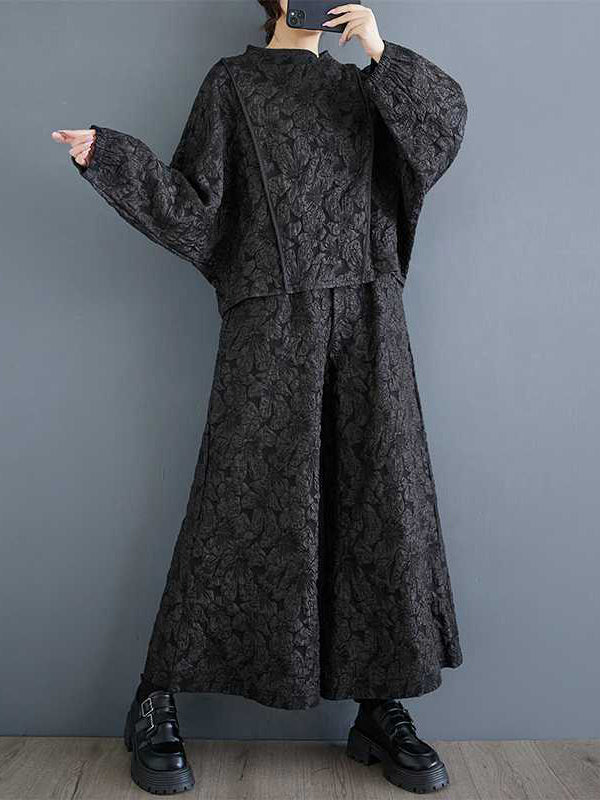 Classy Black Round-neck Jacquard Raglan Long Sleeve and Elastic Waist Pockets Wide Leg Pants Set Ws014