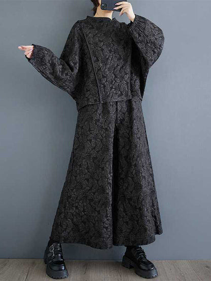 Classy Black Round-neck Jacquard Raglan Long Sleeve and Elastic Waist Pockets Wide Leg Pants Set Ws014