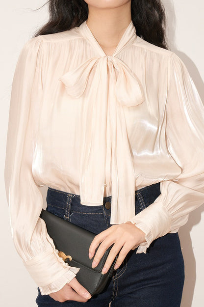 Shiny Ribbon-tie Romantic Blouse