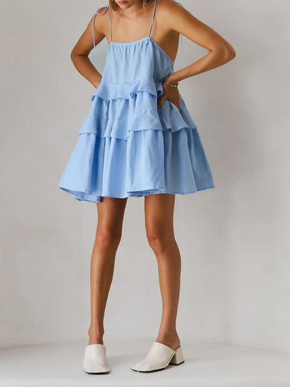 High Waisted Loose Backless Layered Pleated Color Tied Spaghetti-neck Mini Dresses
